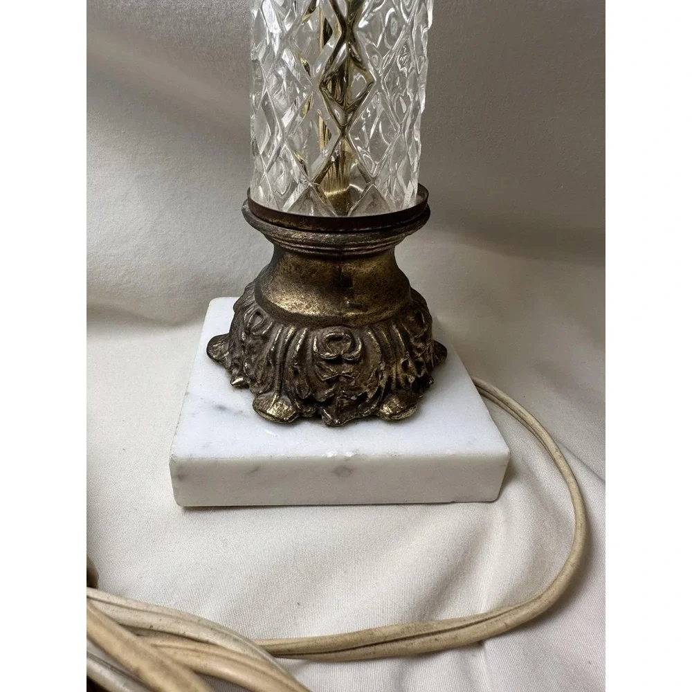 Vintage Glass Column Lamp White Marble Base Brass Hollywood Regency 15